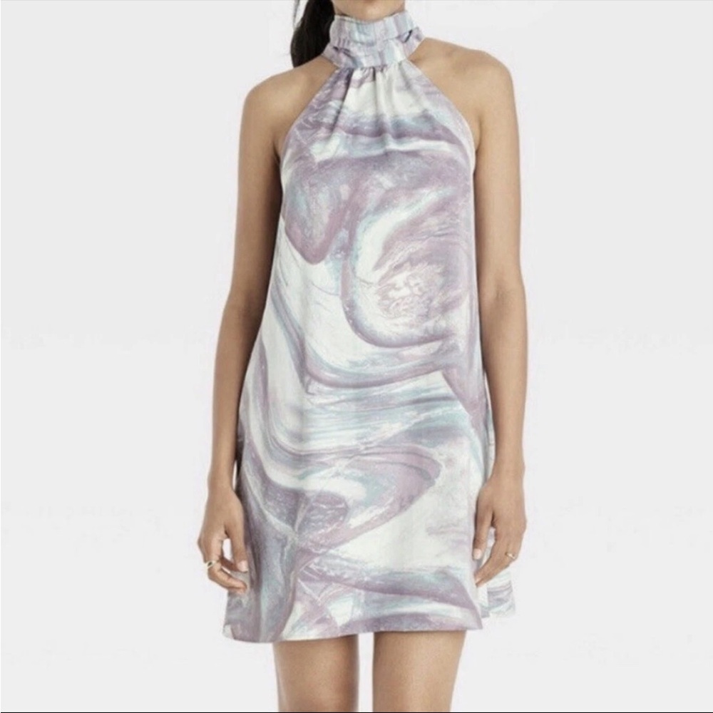 a new day Satin Feel High Neck Sleeveless Marbled Blue, Purple Mini Dress Medium